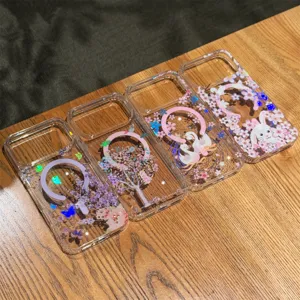 Transparent magnetic laser phone case with cute cherry blossom and animal designs for iPhone.