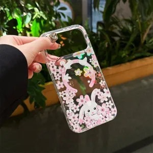 Clear laser color-changing magnetic phone case with cherry blossom and cute bunny design.