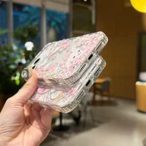 Transparent cherry blossom phone case for iPhone, cute bunny floral laser protective cover.