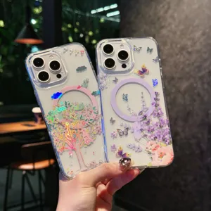 Clear laser magnetic phone case with cherry blossom and butterfly design for iPhone series.