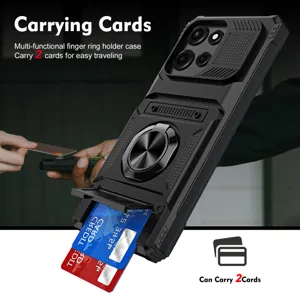 Funda de teléfono negra multifuncional con tarjetero anillo soporte y tapa de cámara.