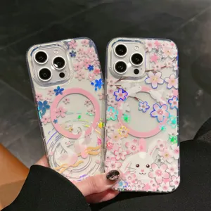 Transparent laser magnetic phone case detail featuring cute cherry blossom swan rabbit.