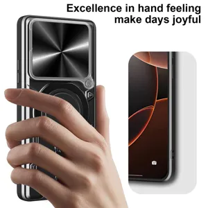 Vista detallada de la funda magnética de metal con protección anticaída y soporte.