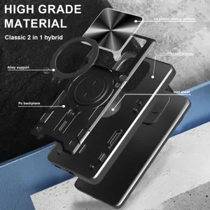 Vista explosionada detallada de la funda magnética resistente con cubierta para cámara y anillo.