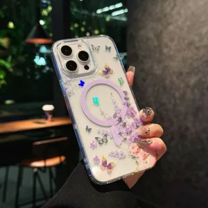 Close-up detail of clear magnetic phone case featuring purple ring and butterfly print.
