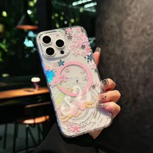 Transparent magnetic phone case with cherry blossom and swan design, elegant detail showcase.