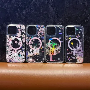 Transparent magnetic phone case with laser flower designs, compatible with MagSafe charging.