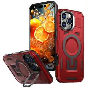 Funda de teléfono magnética resistente con soporte integrado y carga inalámbrica compatible.