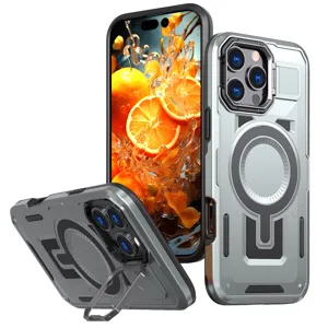 Vista detallada de la funda protectora resistente con anillo magnético y función de soporte.