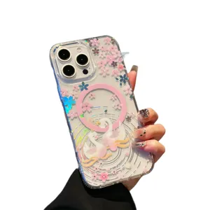 Transparent magnetic phone case with cherry blossom and swan pattern for phone protection.