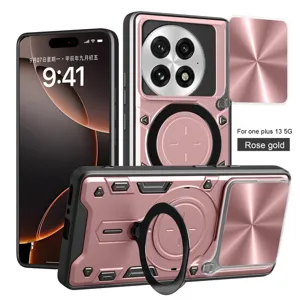 Funda protectora magnética resistente para OnePlus 13 5G con soporte y cubierta de cámara oro rosa.