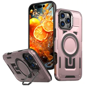 Funda protectora resistente con anillo MagSafe y soporte para iPhone, carcasa rosa.
