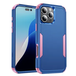 Vista detallada de la funda protectora resistente de doble capa con detalles en azul y rosa.