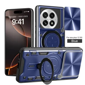 Vista detallada de la funda protectora magnética azul resistente con soporte y cubierta de cámara.