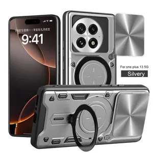 Funda protectora magnética plateada para OnePlus 13 5G con cubierta de cámara y soporte de anillo
