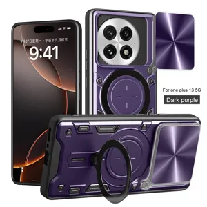 Funda de teléfono magnética resistente con soporte de anillo para OnePlus 13 5G morado oscuro