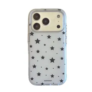 Transparent phone case with black star patterns, compatible with iPhone 16 Pro Max 15 14.