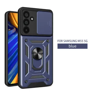 Θήκη προστασίας για Samsung M55 5G με συρόμενο κάλυμμα κάμερας και βάση δακτυλίου μπλε.