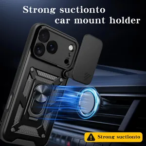 Vista detallada de la funda protectora resistente con cubierta deslizante para cámara y anillo.