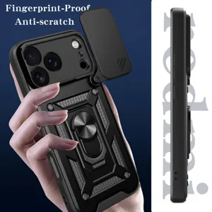 Funda resistente con cubierta deslizante para cámara, soporte de anillo y protección anti-arañazos.