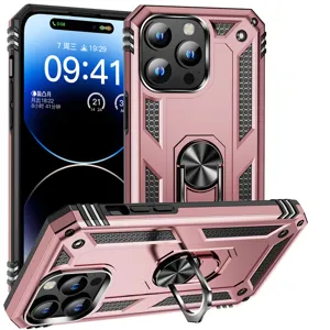 Rugged armor phone case with metal ring kickstand and full camera protection for iPhone.