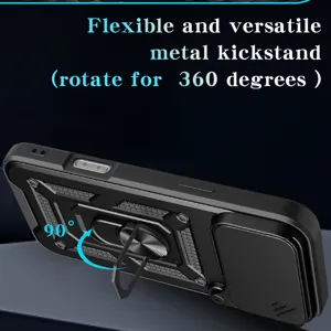 Vista detallada de funda de teléfono con soporte de metal giratorio y cubierta de cámara.