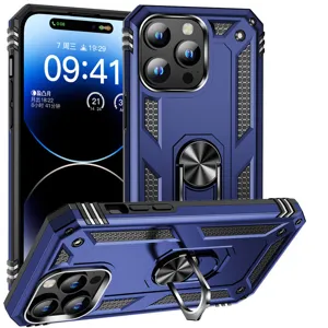 Rugged armor phone case with 360-degree rotatable ring stand, heavy-duty shockproof protection.