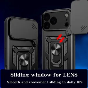 Funda protectora negra con cubierta de cámara deslizante y soporte de anillo metálico