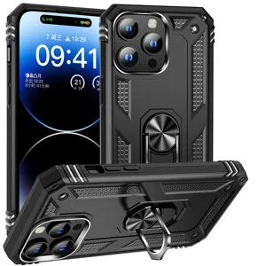 Rugged armor phone case with metal ring kickstand for iPhone heavy duty drop protection