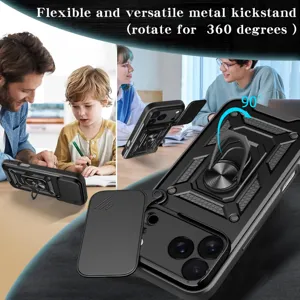 Funda de teléfono resistente con cubierta deslizante para cámara y soporte de anillo de 360°.