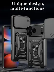 Vista detallada de la funda protectora resistente con cubierta de cámara deslizante y soporte.