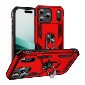 Rugged armor phone case with ring kickstand heavy duty drop proof red protective cover