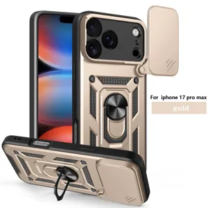 Funda protectora resistente con cubierta de cámara deslizante y anillo para iPhone 17 Pro Max oro
