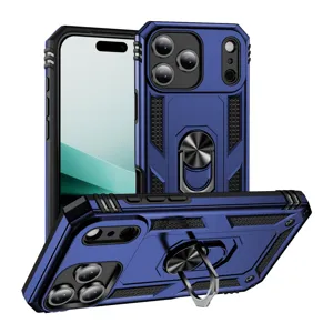 Rugged military armor phone case with ring stand, heavy duty drop protection for iPhone.
