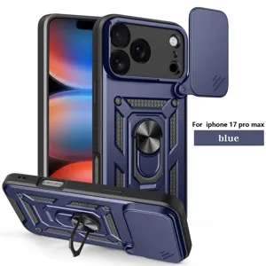 Vista detallada de la funda protectora resistente con cubierta de cámara deslizante y soporte azul.