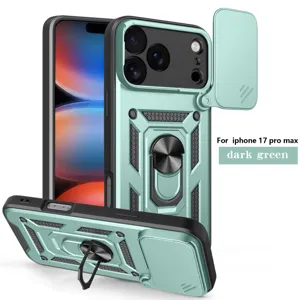 Funda de teléfono verde oscuro resistente con cubierta de cámara deslizante y anillo soporte.