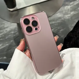 Matte translucent frosted phone case with pink electroplated camera protection design.