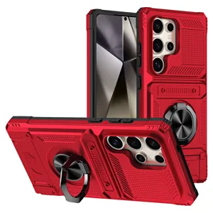 Rugged armor phone case in vibrant red featuring a kickstand ring holder and hidden card slot.