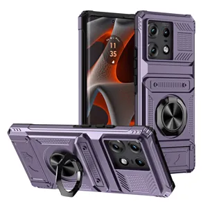 Funda protectora morada muy resistente con soporte de anillo y cubierta para MOTO Edge.