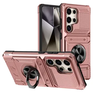 Detailed view of rugged phone case featuring built-in ring stand and card slot design.