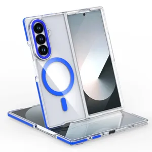 Transparente Magnetische Handyhülle für Klapphandy mit blauem Kamerarahmen und MagSafe Ring.