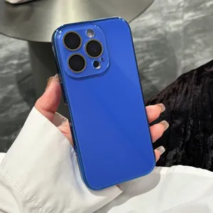 Detailed view of the glossy blue phone case showing camera cutout and smooth electroplated back.