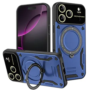 Robustes Magnet Schutzhülle mit Ringhalter und Linsenschutz für verschiedene iPhone Modelle.