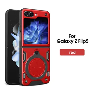 Robuste magnetische Handyhülle für Samsung Galaxy Z Flip5 mit Ringhalterung in roter Farbe.