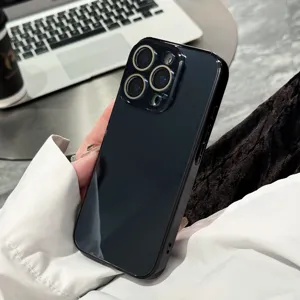 Glossy black phone case detail view, featuring camera protection rings and glass finish.