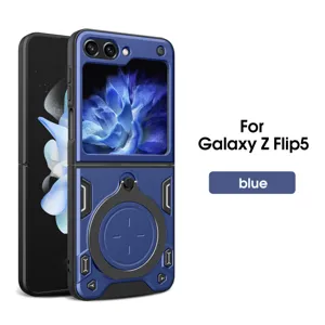 Detailansicht der blauen robusten Magnet-Handyhülle mit Ringhalter für Galaxy Z Flip5.