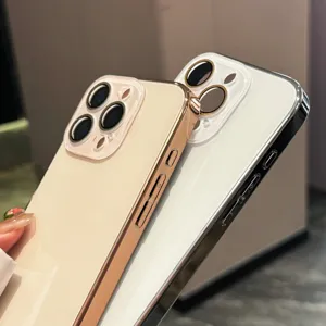 Glossy electroplated glass phone case compatible with iPhone, full coverage hard protective cover.