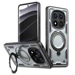 Custodia protettiva robusta con supporto ad anello magnetico e dettagli della fotocamera.