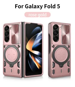 Robustes Magnet Handyhülle für Galaxy Fold 5 mit Scharnierschutz und Ringständer in Roségold.