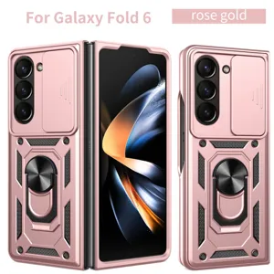 Θήκη Samsung Galaxy Z Fold 6 ροζ χρυσό λεπτομέρεια με κάλυμμα κάμερας και βάση δακτυλίου.